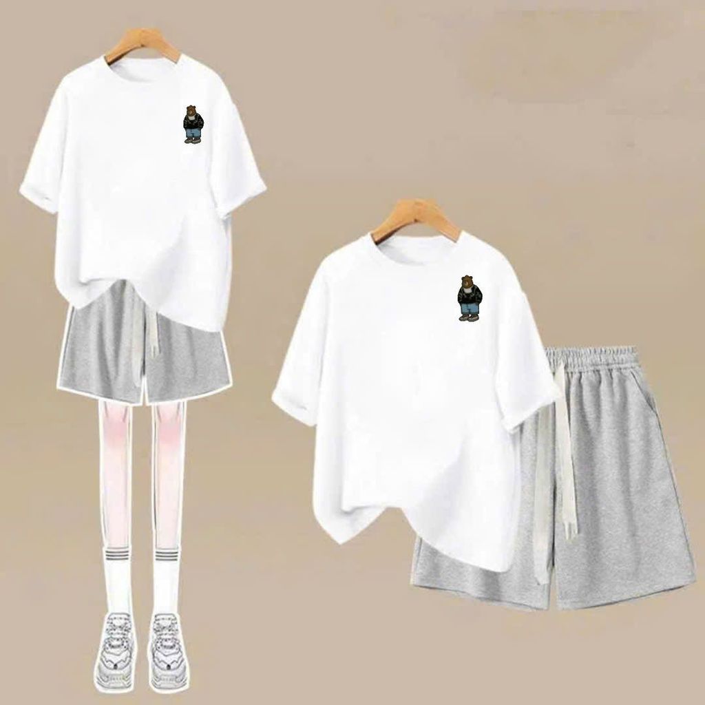 sét bộ quần đùi cộc dây bản to trơn +mix áo phông form rộng GẤU XANH ng ự c -chang3158