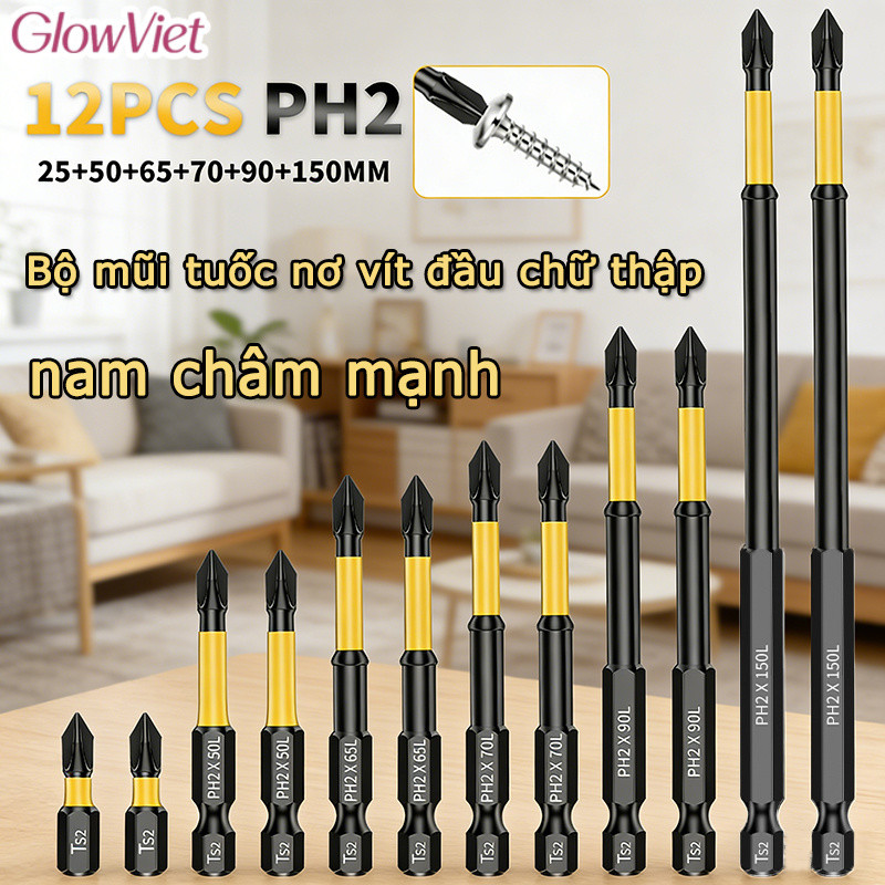Bộ mũi tuốc nơ vít đầu chữ thập,am châm mạnh,bộ 12 món,thiết kế chống trượt,Dành cho dụng cụ điện,Cổng 6.35mm