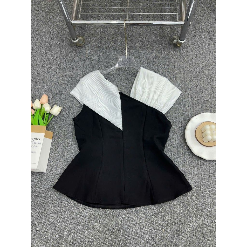 Áo Trễ Vai Chất Tuyết Hàn Phối Thun Gân Cổ Chữ V Lệch Vai ESHOP Áo Thiết Kế Peplum Sang Chảnh Đẹp MS399 Top Áo Women