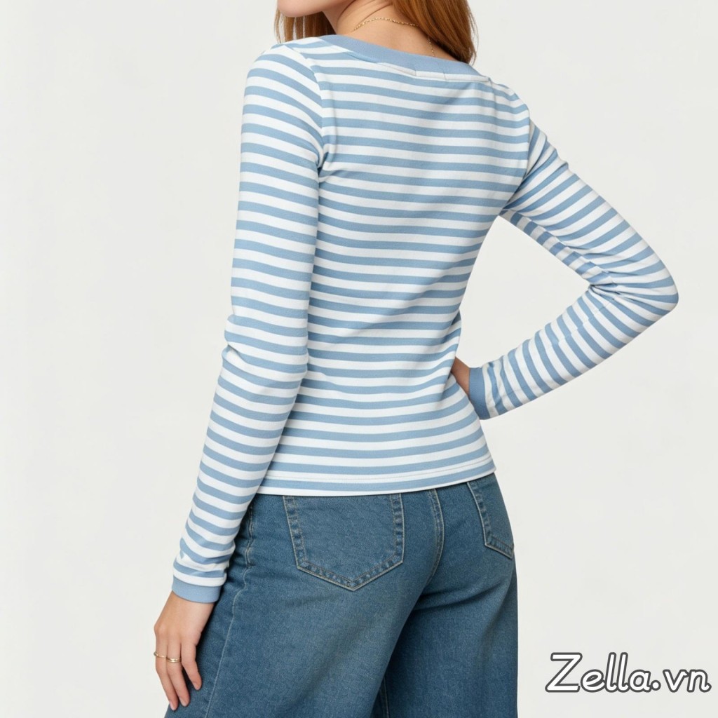 Áo thun nữ cổ chữ V mùa xuân thu màu xanh dài tay Slim Fit Áo thun Crop sọc