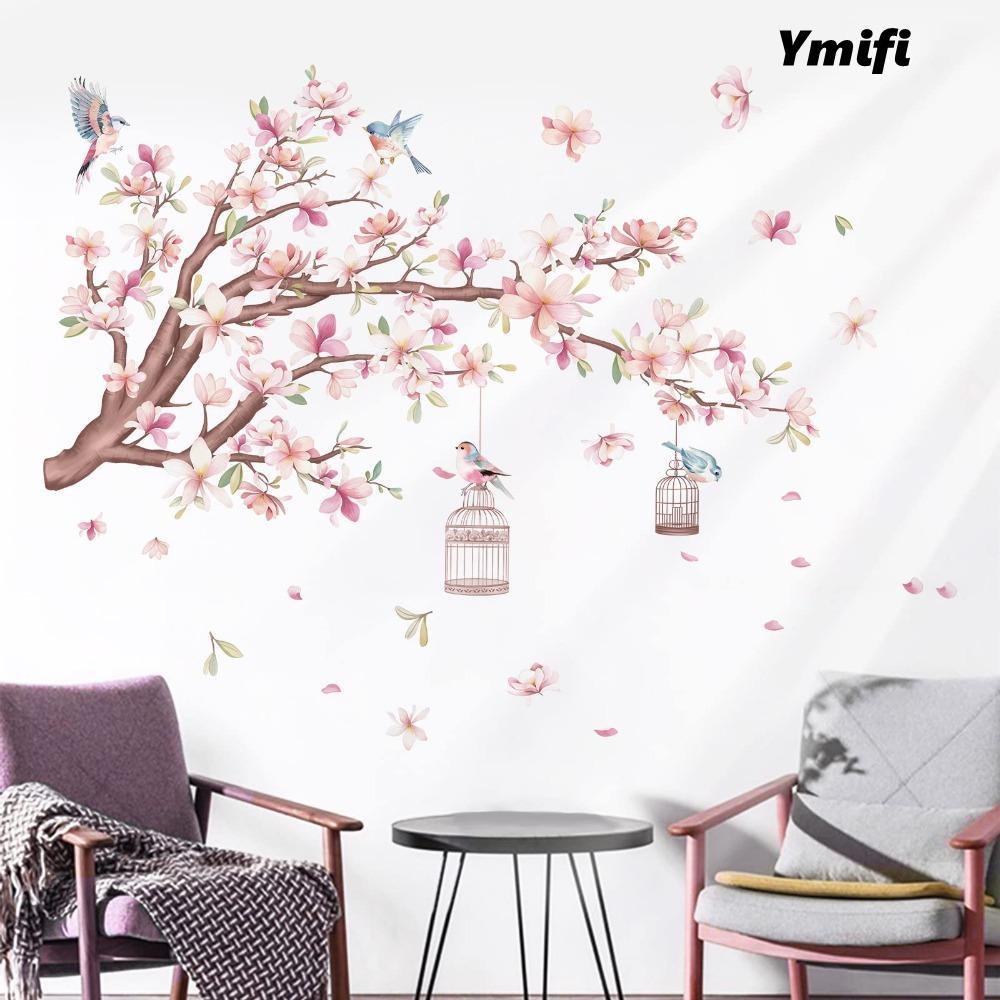 Dán Tường Hoa Anh Đào YMIFI, Đề Can Dán Tường Hoa Chim Bay PVC, Màu Hồng Có Thể Tháo Rời 23.62in * 11.81in Đề Can Dán Tường Cây Phòng Ngủ