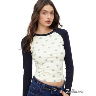 Áo thun nữ dángSlim Fit tay dài cổ tròn, họa tiết ngôi sao màu tương phản, phù hợp mùa thu/spring