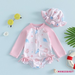 MG-Toddler Bộ Đồ Bơi Bé Gái Vỏ Biển Hoa Tay Dài Rash Guard Bộ Đồ Tắm Có Mũ Chống Nắng 2 Mảnh Trang Phục