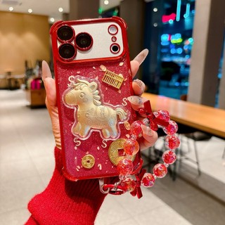 Có Tiền 3D Vàng Ngựa Bảo Vệ Ống Kính Phim Lấp Lánh Mạ Điện Thoại Cho iPhone 17Promax 17Pro 12 13 14 15 16 Pro Max 11 Silicon Mềm Wrsit Chain Vỏ Di Động