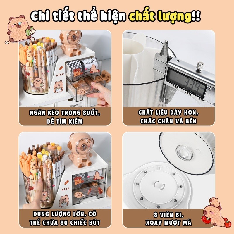 Hộp đựng bút để bàn Capybara ngộ nghĩnh, nhiều ngăn, xoay 360° - Kệ đựng mỹ phẩm decor bàn lý tưởng