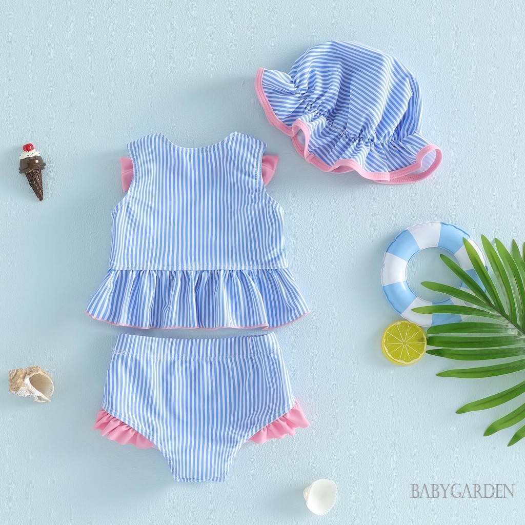 Bé Gái 3 Bộ Bikini In Kem Tank Top Với Quần Short Sọc Và Mũ Đồ Bơi Cho Đi Biển Mùa Hè Tắm