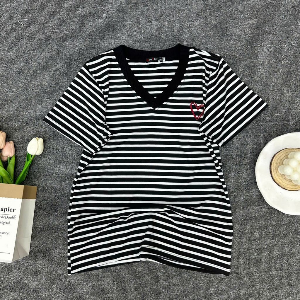 Áo Thun Nữ ESHOP MS515 Bigsize Kẻ Sọc Cổ Tim Tay Ngắn Chất Cotton Mềm Mịn Thoáng Mát Phù Hợp Mùa Hè