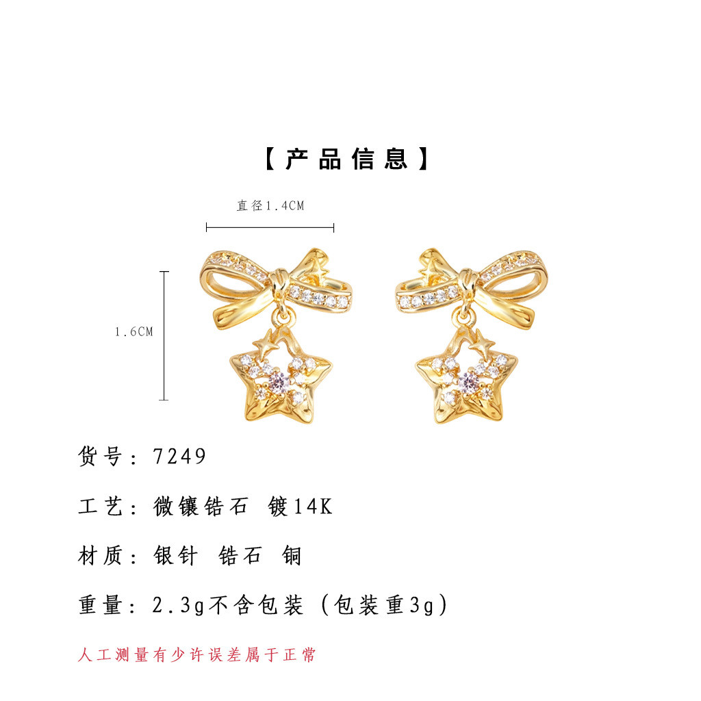 Bông tai kim bạc Meteor Bow Zircon 925 dành cho nữ Thiết kế Niche