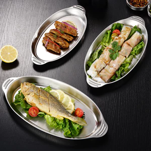 Thép không gỉ 304 Hấp Cá Tấm Hình Bầu Dục Hộ Gia Đình Đĩa Sâu Khay Thương Mại Đĩa Nướng Bếp Cảm Ứng Chuyên Dụng Nướng Cá Đĩa KNM4