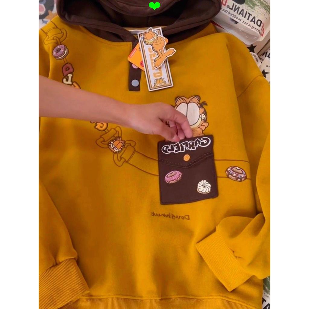 Áo nỉ có mũ trùm đầu lông cừu thêu Retro Garfield dày dặn Laz