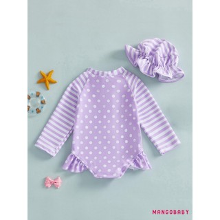 MG-Toddler Bé Gái Rash Guard Đồ Bơi Dễ Thương Thời Trang Dài Tay Sọc Chấm Áo liền quần Có Mũ 2 Chiếc Đồ Bơi