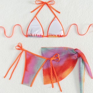 Đồ bơi bikini ba mảnh lưới dây với thiết kế cầu vồng nhiều màu sắc