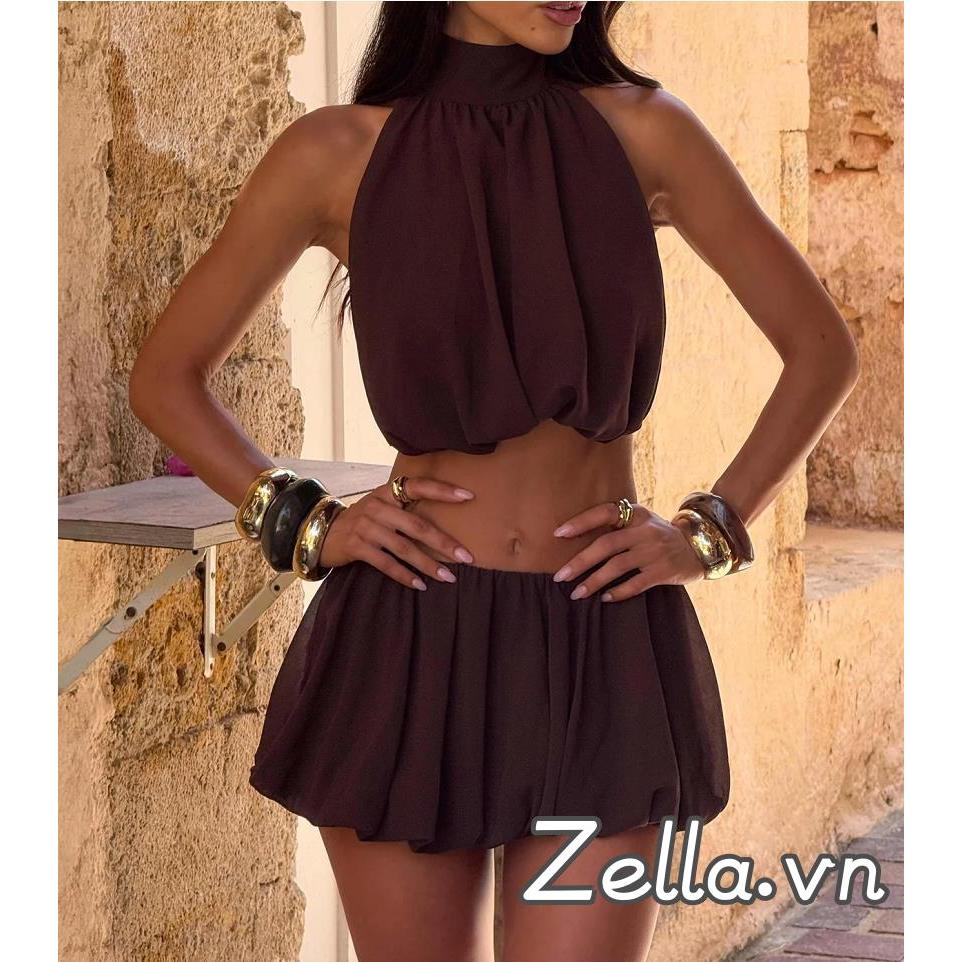 Bộ trang phục mùa hè gồm croptop và váy mini không tay, thiết kế màu trơn và chấm bi với dây cổ crop tops