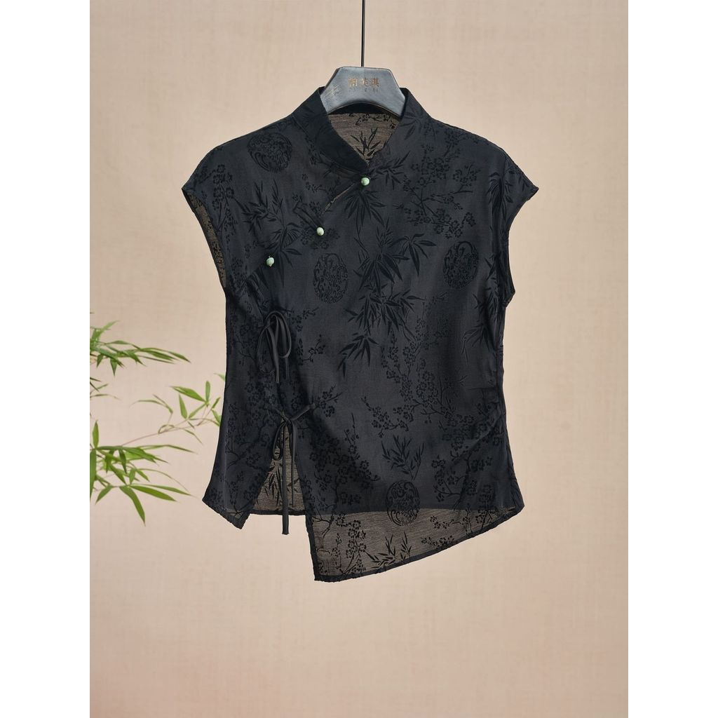 [Hàng mới về] Áo sơ mi sườn xám phong cách dân tộc Trung Quốc retro, jacquard đen, vai áo thun ngắn tay, phù hợp mùa hè