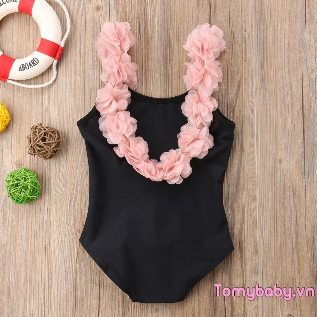 Bộ đồ bơi một mảnh cho bé gái Đồ bơi hở lưng có dây đeo vai hoa Bộ đồ tắm màu trơn
