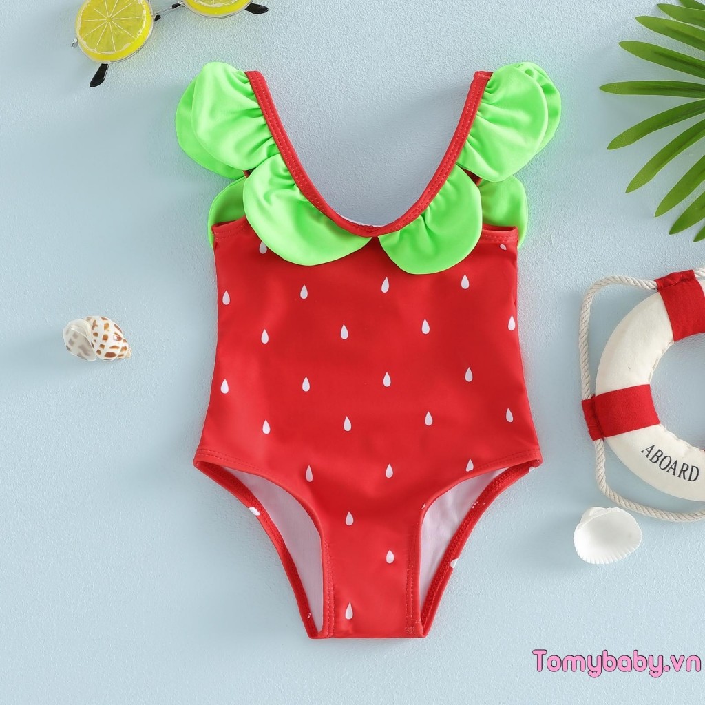 Bộ đồ bơi bé gái mới biết đi Hạt dưa hấu In màu xanh lá cây Viền cổ tròn Bộ đồ tắm trẻ sơ sinh không tay