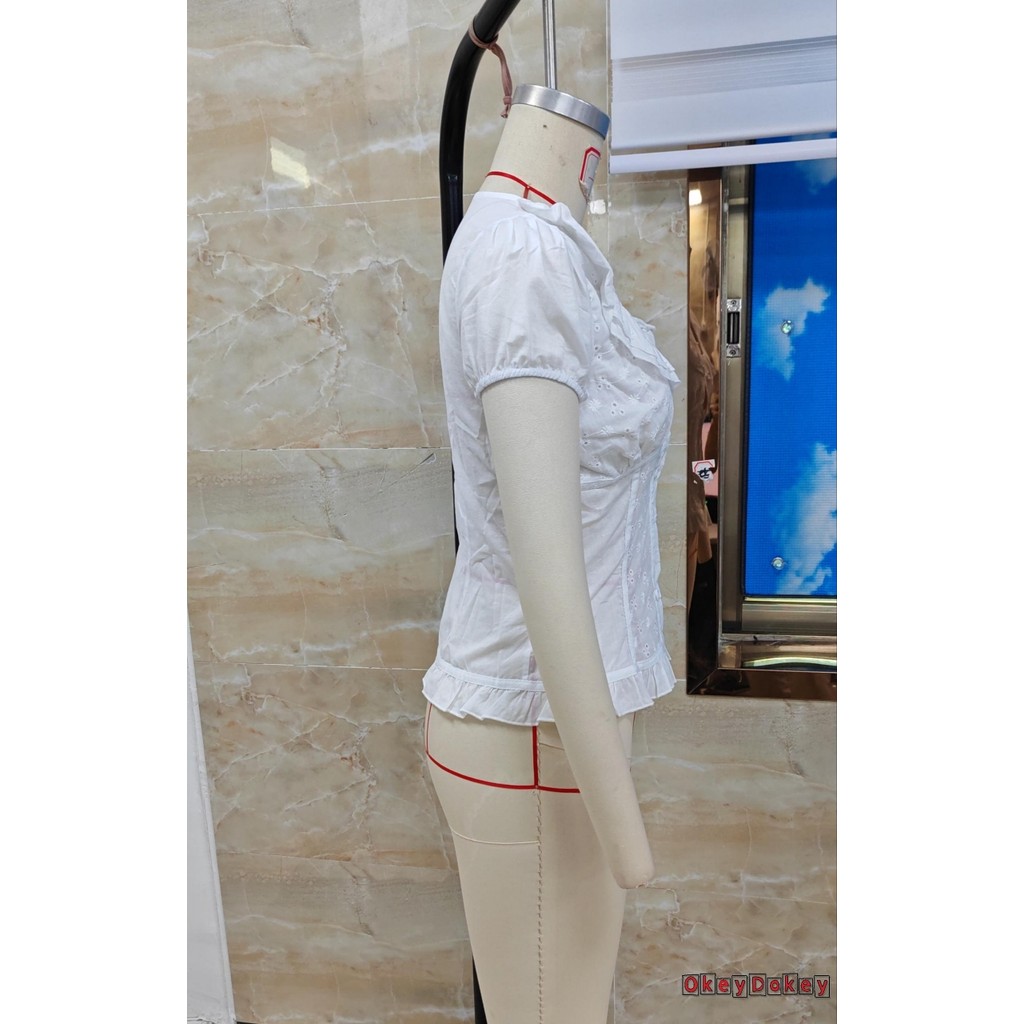 ODokey-Áo thun nữ cổ tròn tay ngắn xù rỗng áo mùa hè