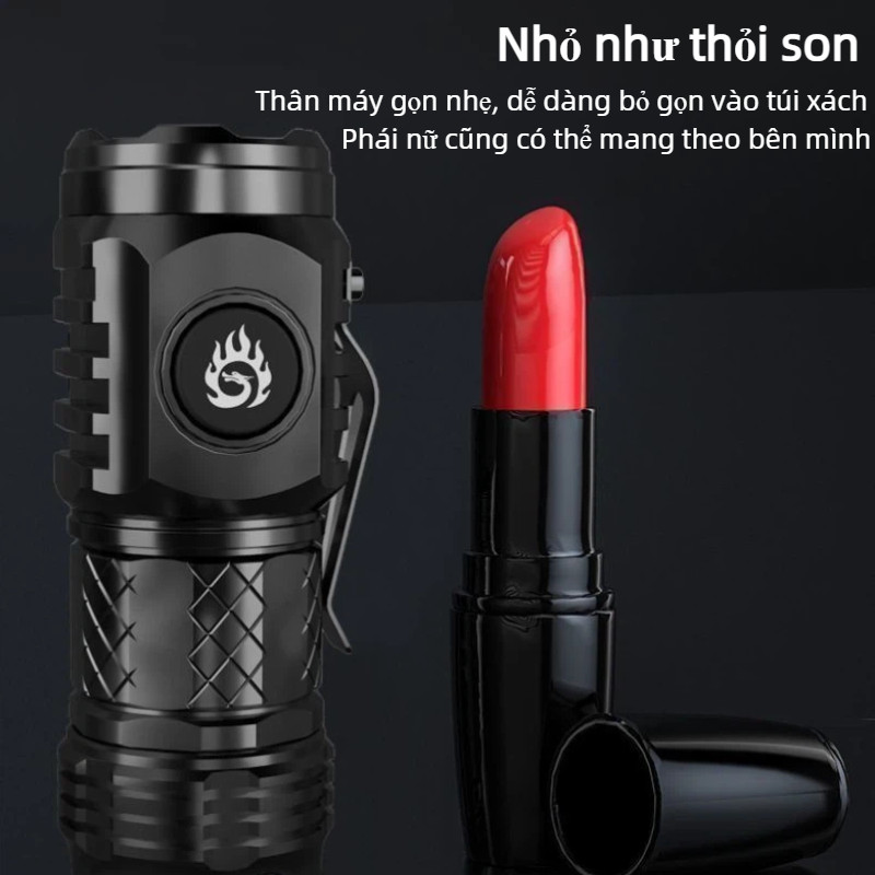 Đèn pin mini 3 mắt 5 chế độ, nam châm kẹp inox, chống nước IPX4, sạc USB, nhỏ gọn,Siêu Sáng