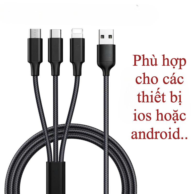 Dây cáp sạc 3 đầu bọc dù 3 trong 1 đa năng nhiều màu sắc. Dùng cho nhiều dòng ios và android dài 1.2 mét - Hàng sẵn kho