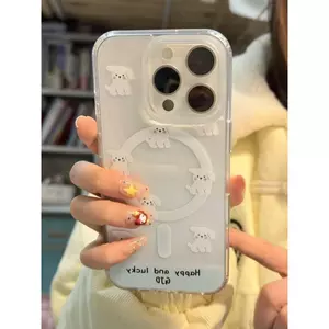 Dễ thương trắng Puppy cho iPhone16Promax trường hợp iPhone15 mới 14 rõ ràng 13 hút từ 12