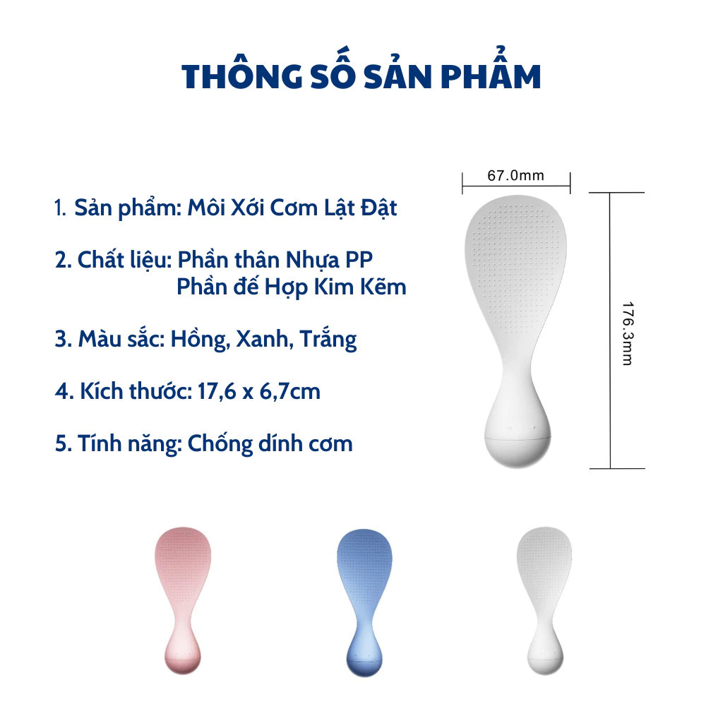 Muỗng xới cơm chống dính cao cấp không bị đổ. Môi, Muôi cơm chịu nhiệt tự đứng an toàn dễ sử dụng