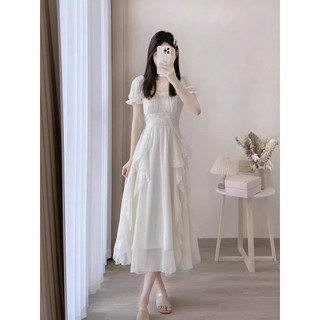 Váy Maxi Tiểu Thư Thanh Lịch – Thiết Kế Xòe Tầng Nữ Tính, Tay Phồng Nhẹ Nhàng Phong Cách Hàn Quốc