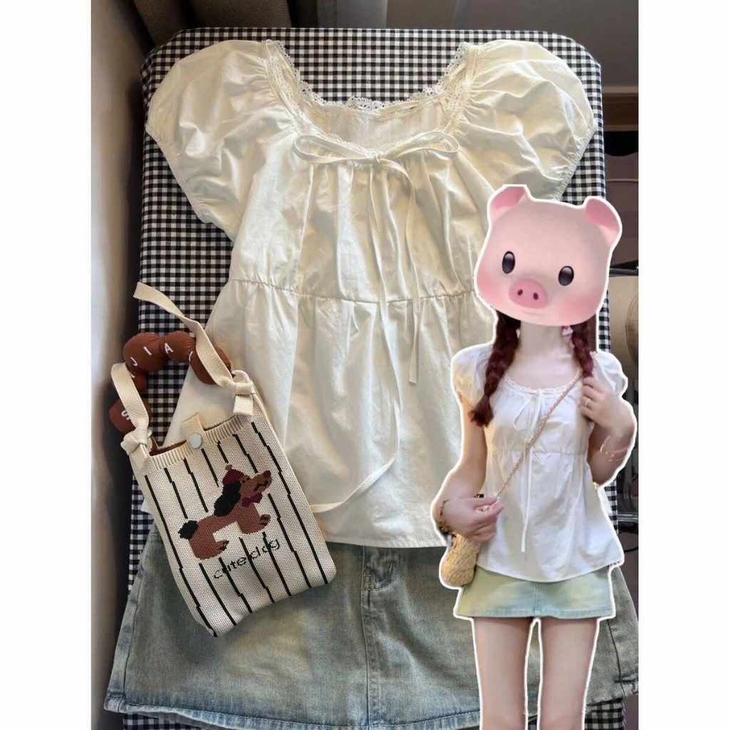 Áo babydoll ngắn tay cổ ren phối nơ kiểu Pháp dễ thương XIMIMI SP442