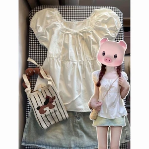 Áo babydoll ngắn tay cổ ren phối nơ kiểu Pháp dễ thương XIMIMI SP442