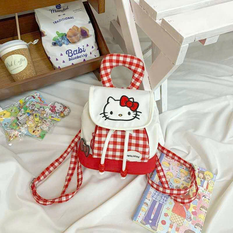 Ba Lô Hoạt Hình Hello Kitty Ba Lô Thời Trang Nữ Kẻ Sọc Đỏ Dây Rút