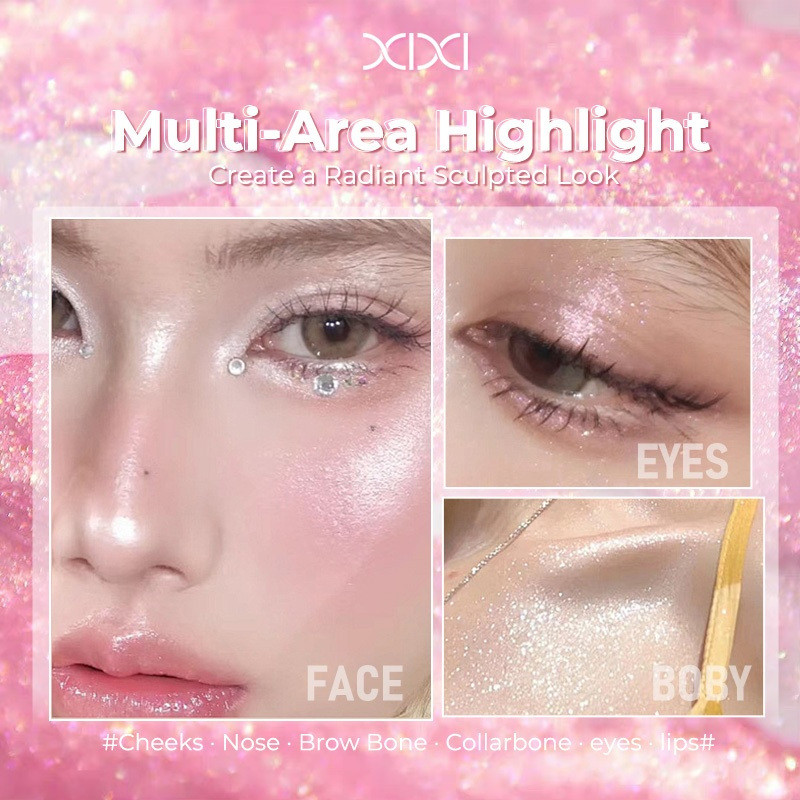 XIXI WM006 Highlighter SparklePop Nhũ Kim Cương Lấp Lánh, Phấn Bắt Sáng Glow Tự Nhiên, Bám Lâu Không Bay Phấn Kèm Mút
