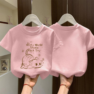 Áo thun in hình mèo dễ thương và bé gái, kiểu dáng hoạt hình thời trang, cổ tròn.