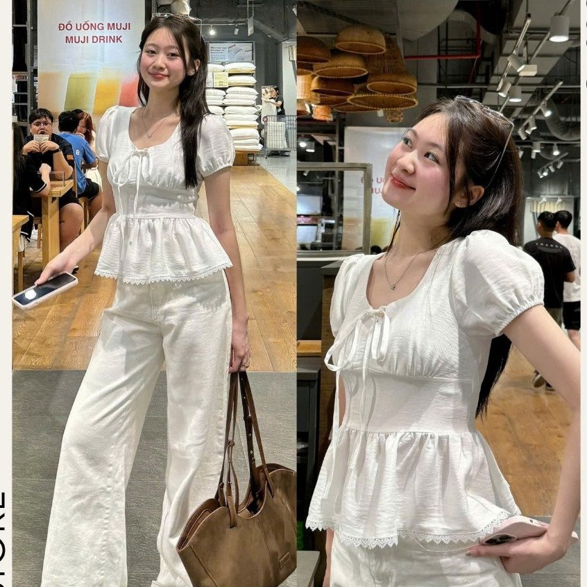 Áo Kiểu Nơ Buộc Bo Eo Tay Bồng Pha Ren A311733Thời Trang Nữ Bigsize