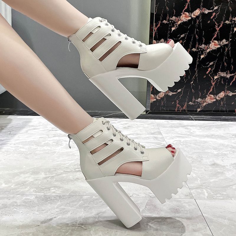 Giày Sandal La Mã Gót Dày Gót Siêu Cao Nữ Xuân Thu Phong Cách Mới Ghét Bầu Trời Cao 14cm Đế Dày Rỗng Cá Miệng Ren-U