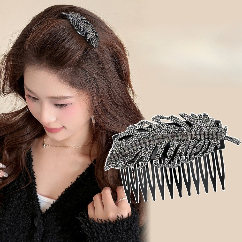 Hululu / Lược chải tóc nữ cao cấp phong cách Hàn Quốc, lá vàng ngọc, kim cương lấp lánh, thiết kế mặt trên xuống, tạo kiểu tóc gãy/xương đòn