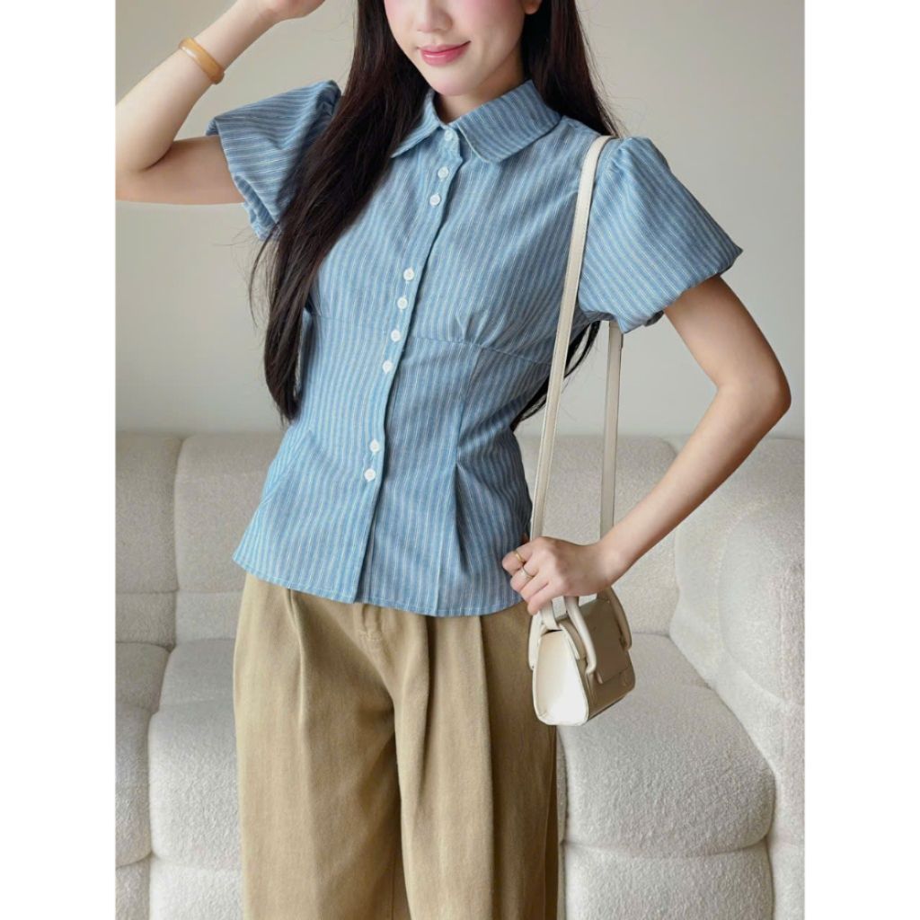 Áo kiểu babydoll kẻ chiết eo  - Sam Botique