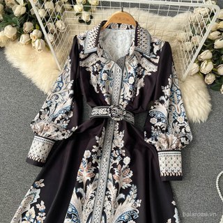 Đầm dài tay áo lồng cổ bẻ in họa tiết phù hợp xuân thu thiết kế cinching thắt lưng dáng xòe phong cách cung đình
