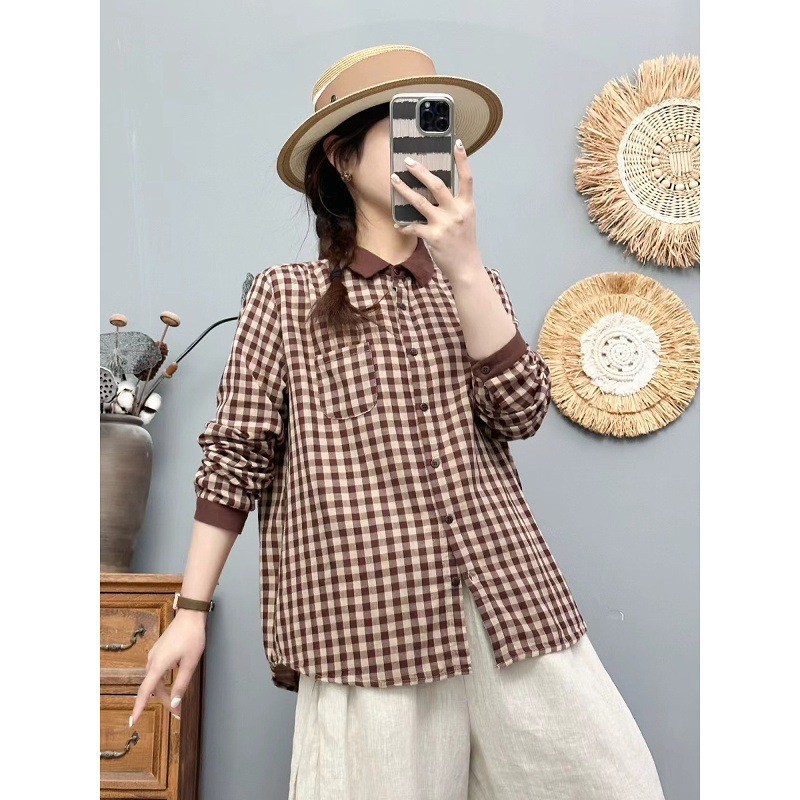 Áo sơ mi nữ mỏng kẻ sọc phong cách retro văn học, cotton, thích hợp mùa thu