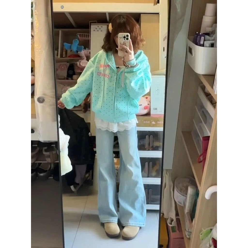 American Sweet áo len cardigan polka dot sao với chữ có mũ trùm đầu, phù hợp mùa xuân và thu