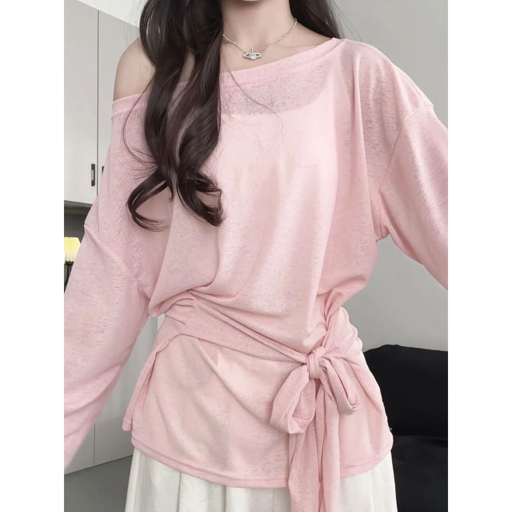 áo lưới dài tay Áo phông thoáng mát mùa hè, dây thắt eo, dáng slim-fit
