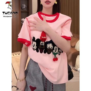 Mickey Áo Thun Tay Ngắn Thêu Họa Tiết Hoạt Hình Phong Cách Công Nghiệp Nặng