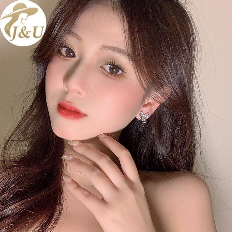Cặp bông tai phong cách Hàn Quốc với nơ zircon và pha lê ngọt ngào, hợp thời trang dành cho nữ