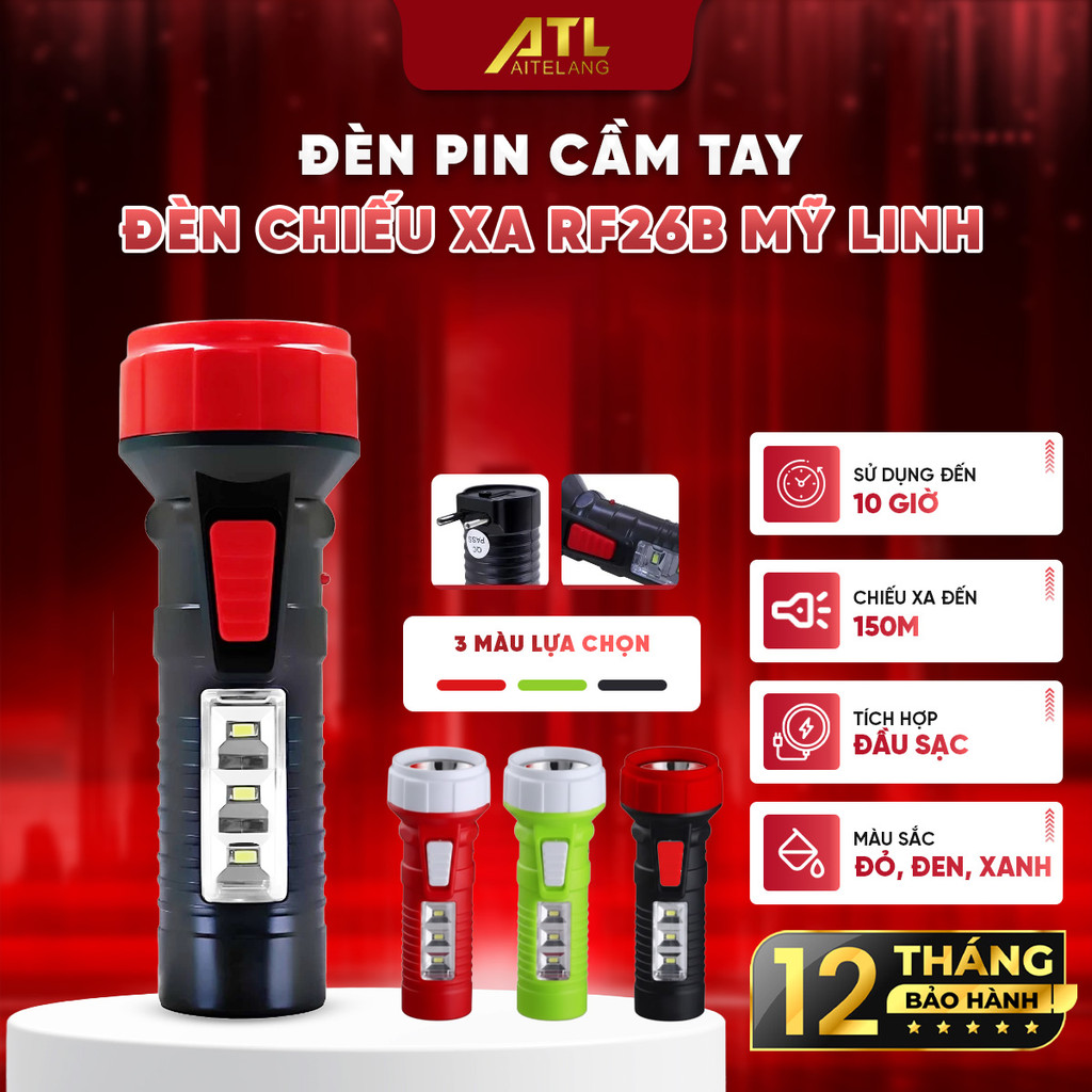 Đèn pin cầm tay, đèn chiếu xa Mỹ Linh, đèn pin sạc điện RF26B tích hợp chân sạc,tiết kiệm năng lượng