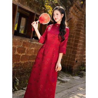 Áo dài AD274 - QD001 cách tân tay lỡ phối tà họa tiết hoa