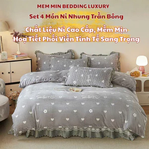 Bộ nỉ nhung trần bông 4 món Memminbedding luxury chất liệu ấm áp, họa tiết phối viền với tone màu sang trọng