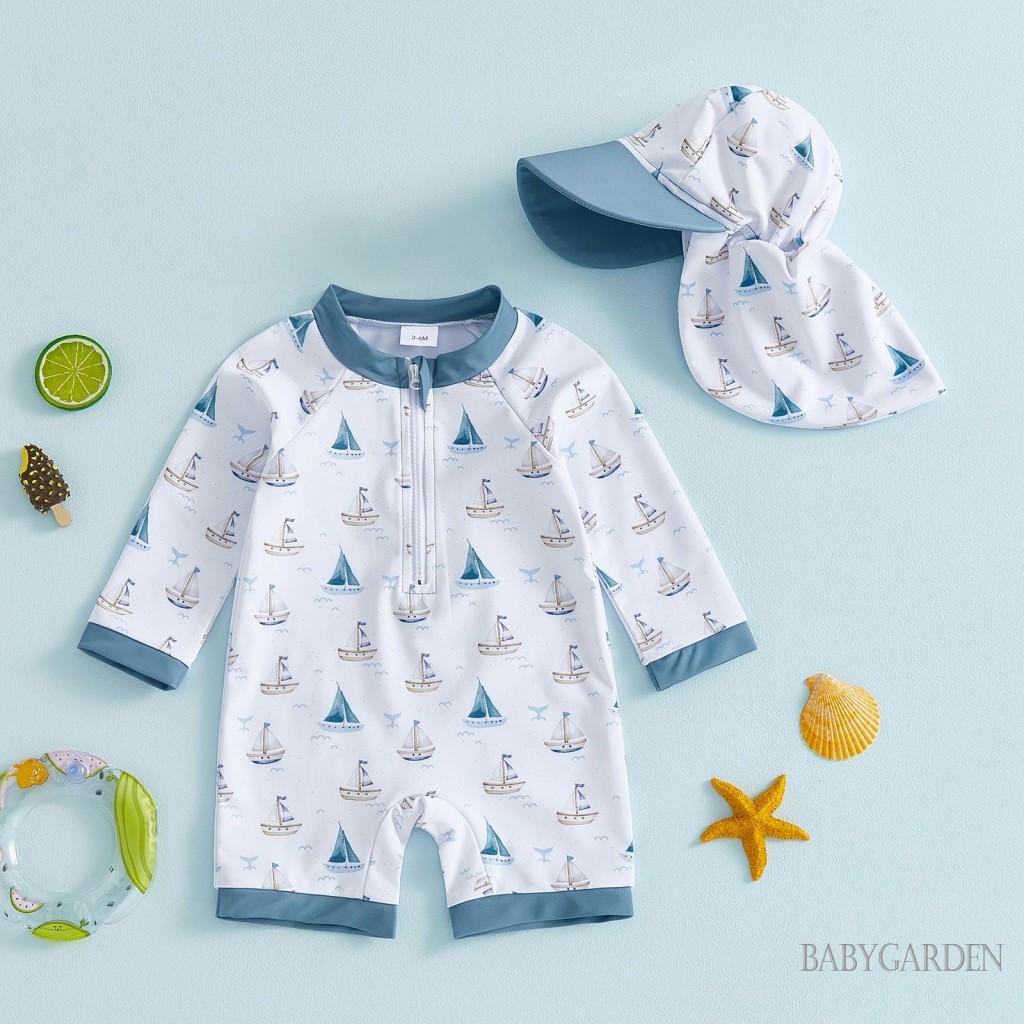 Bộ đồ bơi bé trai 3M-5Y dành cho trẻ em Bộ áo liền quần cổ tròn dài tay in hình thuyền buồm đáng yêu cho bãi biển hồ bơi