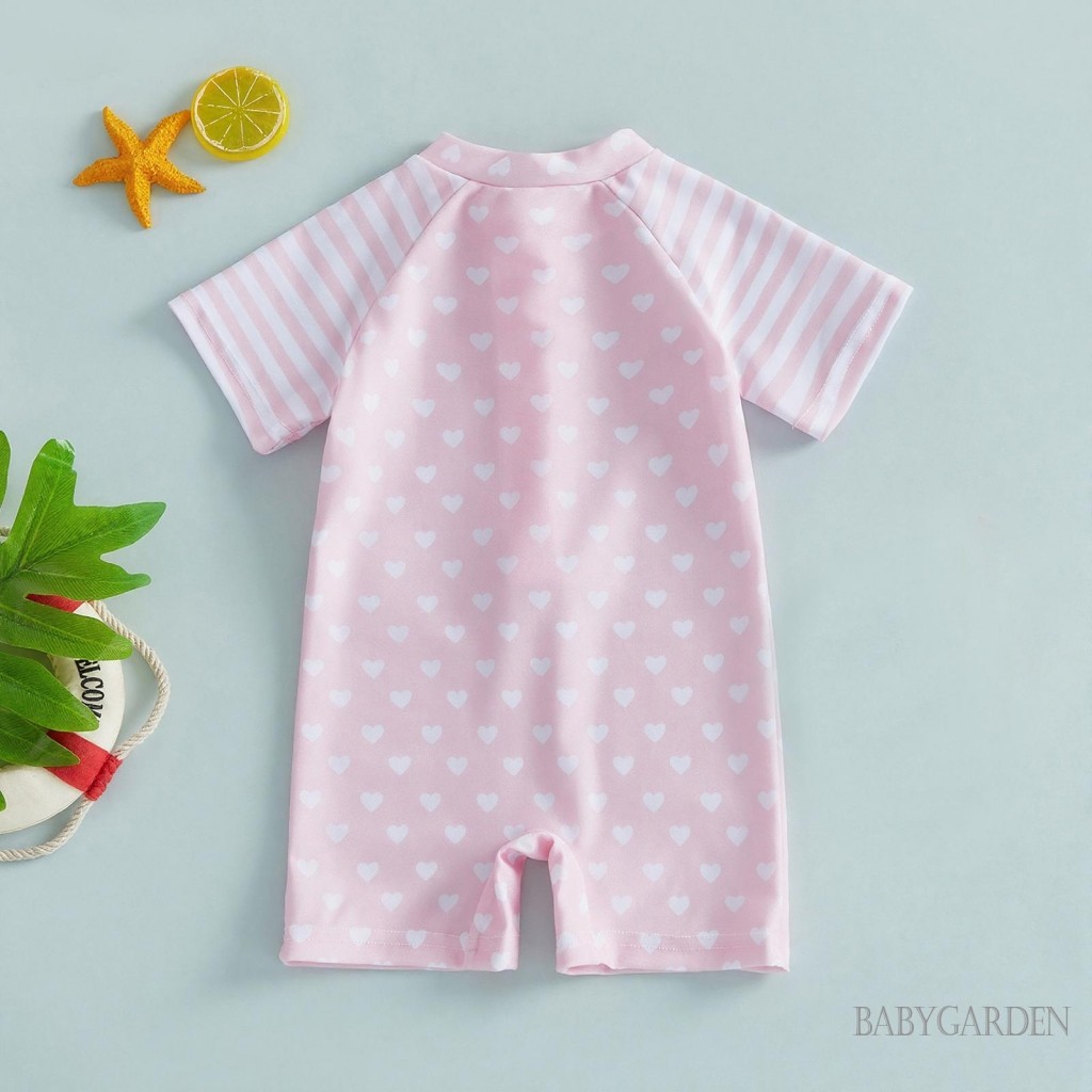 6M-4Y Tập Đi Bé Gái Đồ Bơi Mùa Hè Tay Ngắn Cổ Tròn Chấm Sọc In Dây Kéo Phía Trước Đồ Bơi Dễ Thương