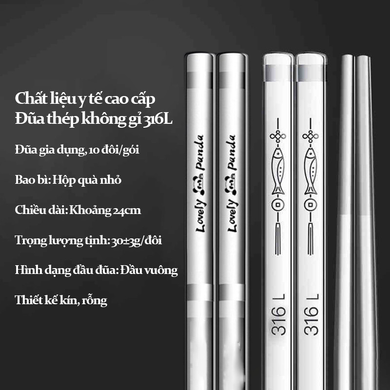 Set 10 Đôi Đũa Inox 316 Cao Cấp - Thiết Kế Vân Khắc Sang Trọng, Cán Chống Trượt An Toàn, Đũa Ăn Cơm Bền Bỉ