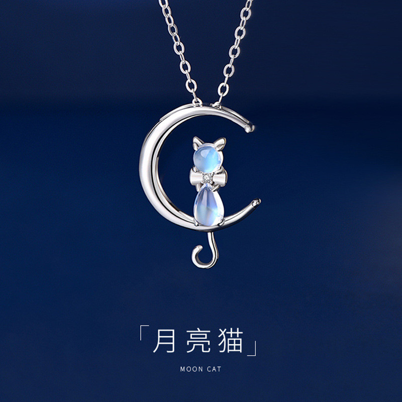 Mặt dây chuyền hình mèo moonstone, vòng cổ bạc sterling