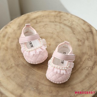 MG-Baby Bé Gái Giày Đế Mềm Chống Trơn Trượt Móc Và Vòng Đóng Ngọc Trai Ren Trang Trí Giày Đi Bộ Đầu Tiên Giày Công Chúa Thoải Mái