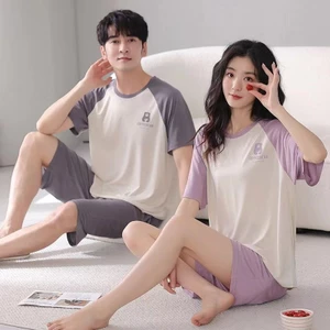 Cặp Đôi Bộ Đồ Ngủ Nữ Ngắn Tay Quần Short Ice Silk Thoáng Mát Mùa Hè Loungewear Một Nam Một Nữ Modal Phù Hợp Với